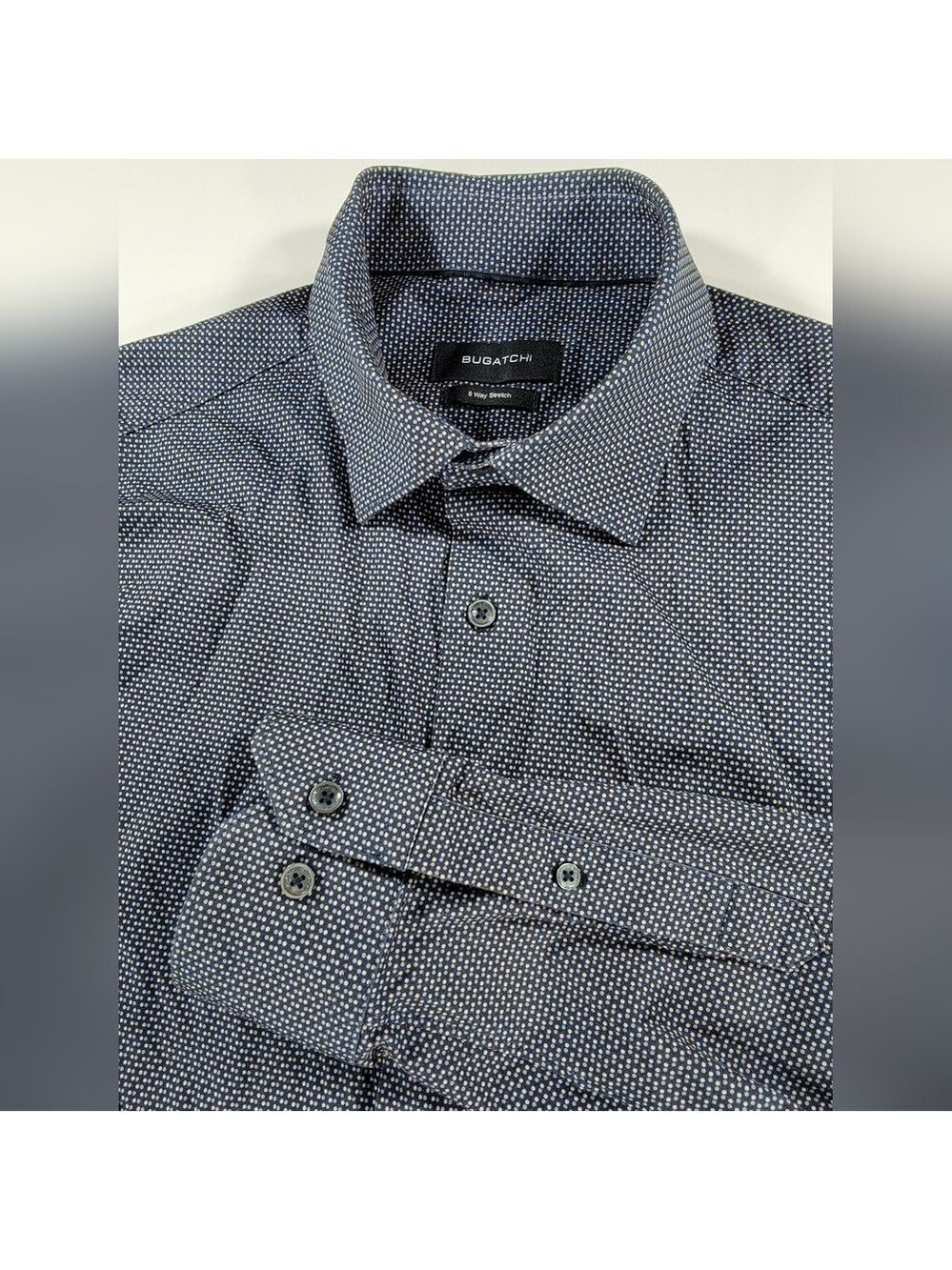 Bugatchi Tech 8 Way Stretch Button Shirt Men Large Long Sleeve Blue Mirco Dot
